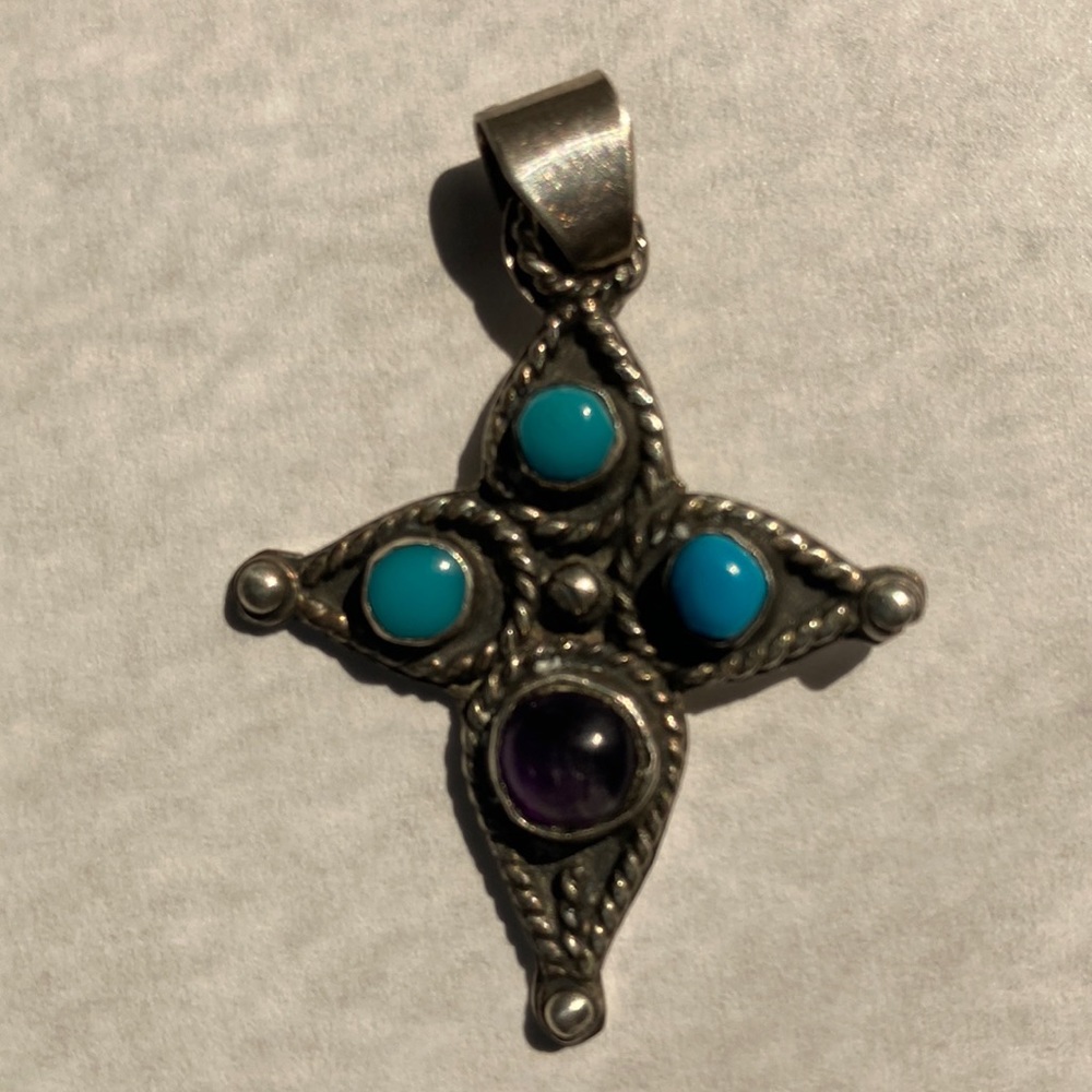 Sterling Silver necklace pendant with turquoise and amethyst from Taxco Mexico.